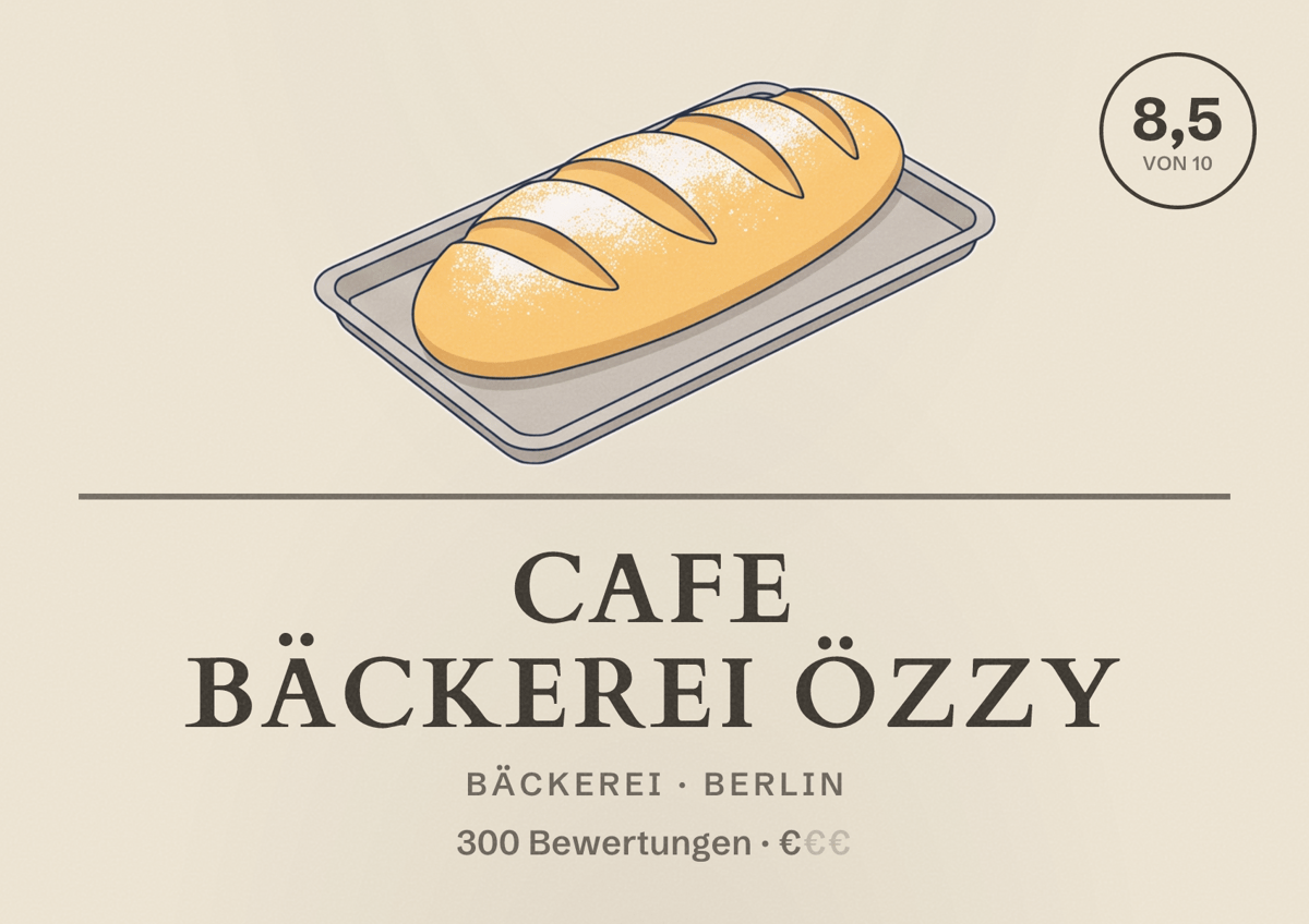 Illustriertes Poster von Cafe Bäckerei Özzy, Bäckerei in Berlin: Bewertung 8,5 von 10 aus 300 Bewertungen, Preisniveau €
