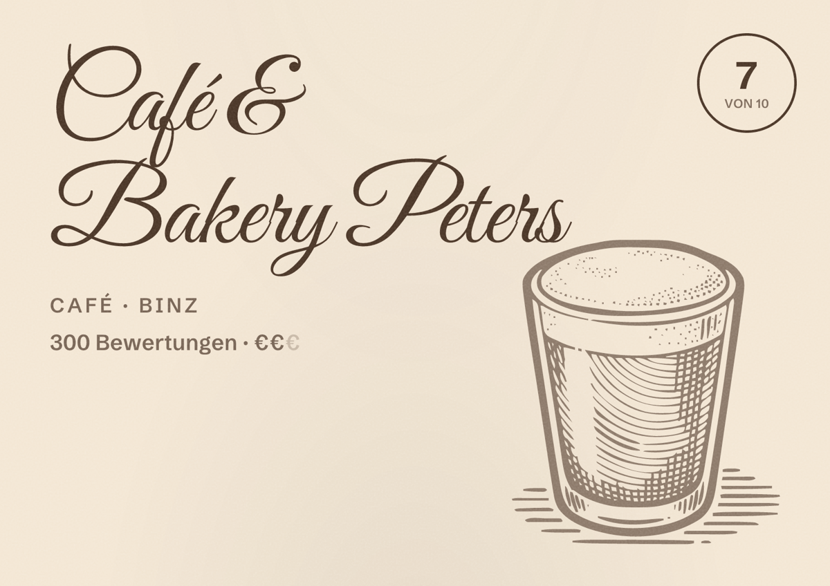 Illustriertes Poster von Café & Bakery Peters, Café in Binz: Bewertung 7 von 10 aus 300 Bewertungen, Preisniveau €€