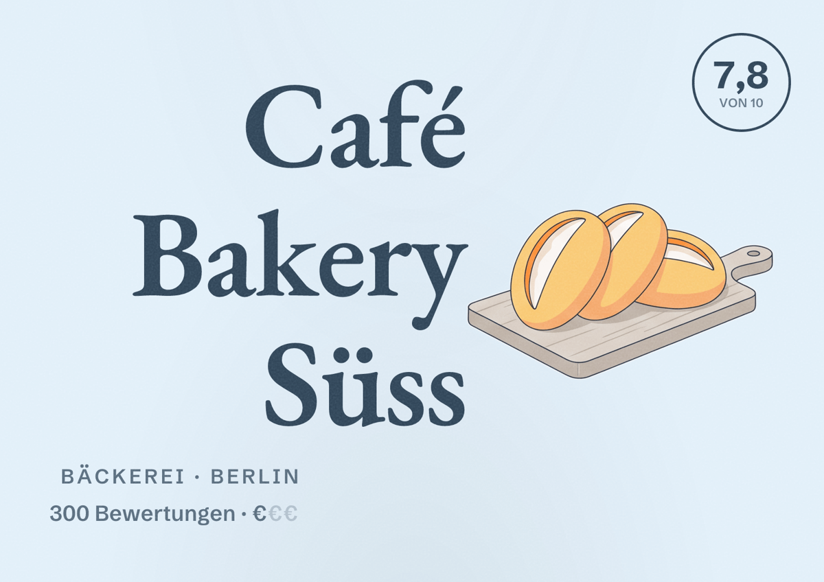 Illustriertes Poster von Café Bakery Süss, Bäckerei in Berlin: Bewertung 7,8 von 10 aus 300 Bewertungen, Preisniveau €