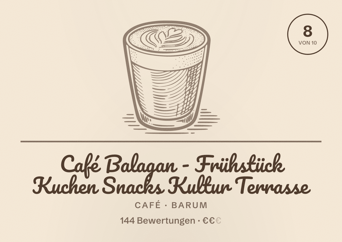 Illustriertes Poster von Café Balagan - Frühstück Kuchen Snacks Kultur Terrasse, Café in Barum: Bewertung 8 von 10 aus 144 Bewertungen, Preisniveau €€