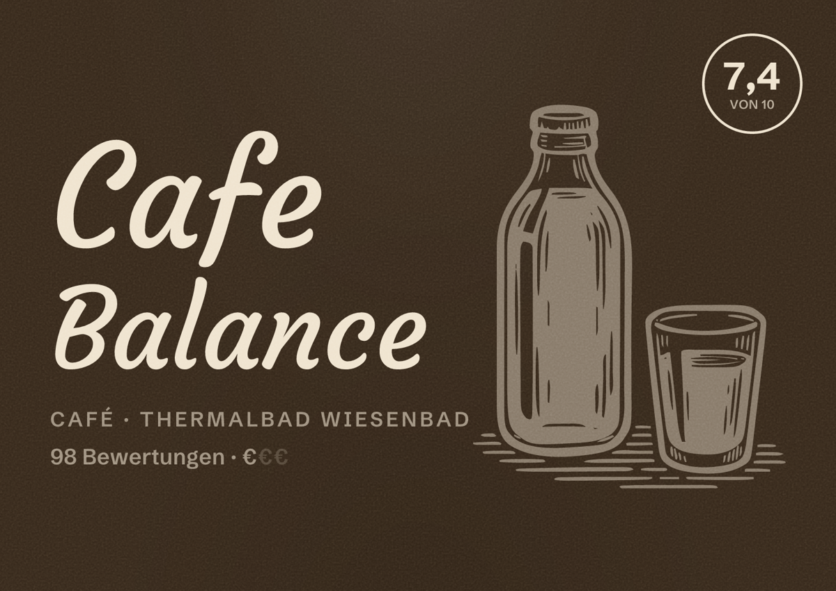 Illustriertes Poster von Cafe Balance, Café in Thermalbad Wiesenbad: Bewertung 7,4 von 10 aus 98 Bewertungen, Preisniveau €