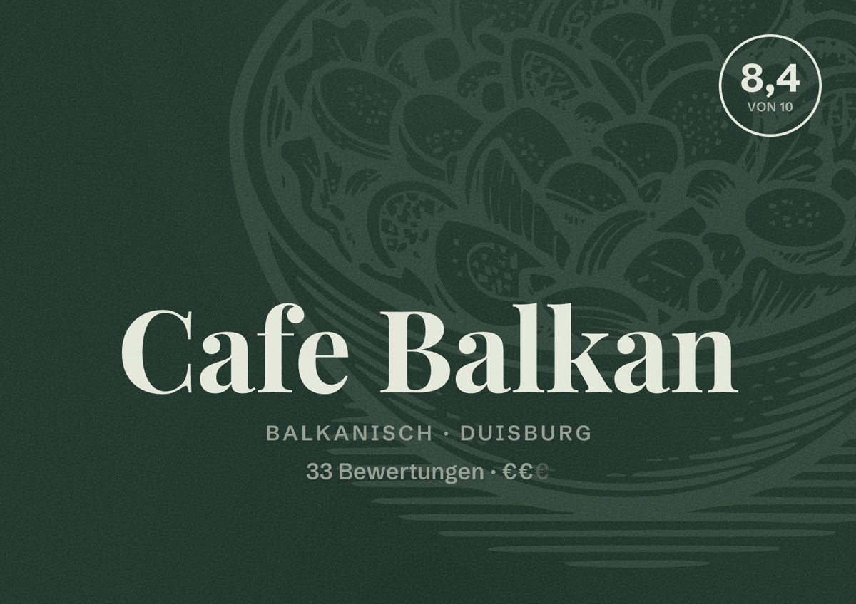 Illustriertes Poster von Cafe Balkan, Balkanisch in Duisburg: Gästebewertung 8,4 von 10 aus 33 Bewertungen