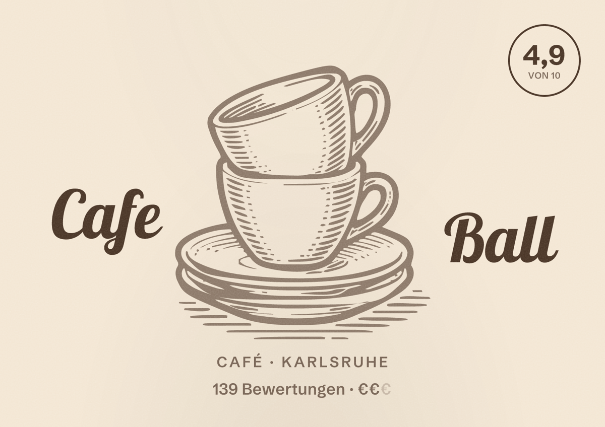 Illustriertes Poster von Cafe Ball, Café in Karlsruhe: Bewertung 4,9 von 10 aus 139 Bewertungen, Preisniveau €€