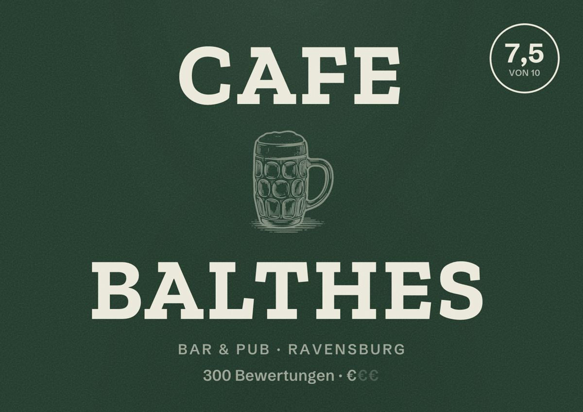 Illustriertes Poster von Cafe Balthes, Bar & Pub in Ravensburg: Bewertung 7,5 von 10 aus 300 Bewertungen, Preisniveau €