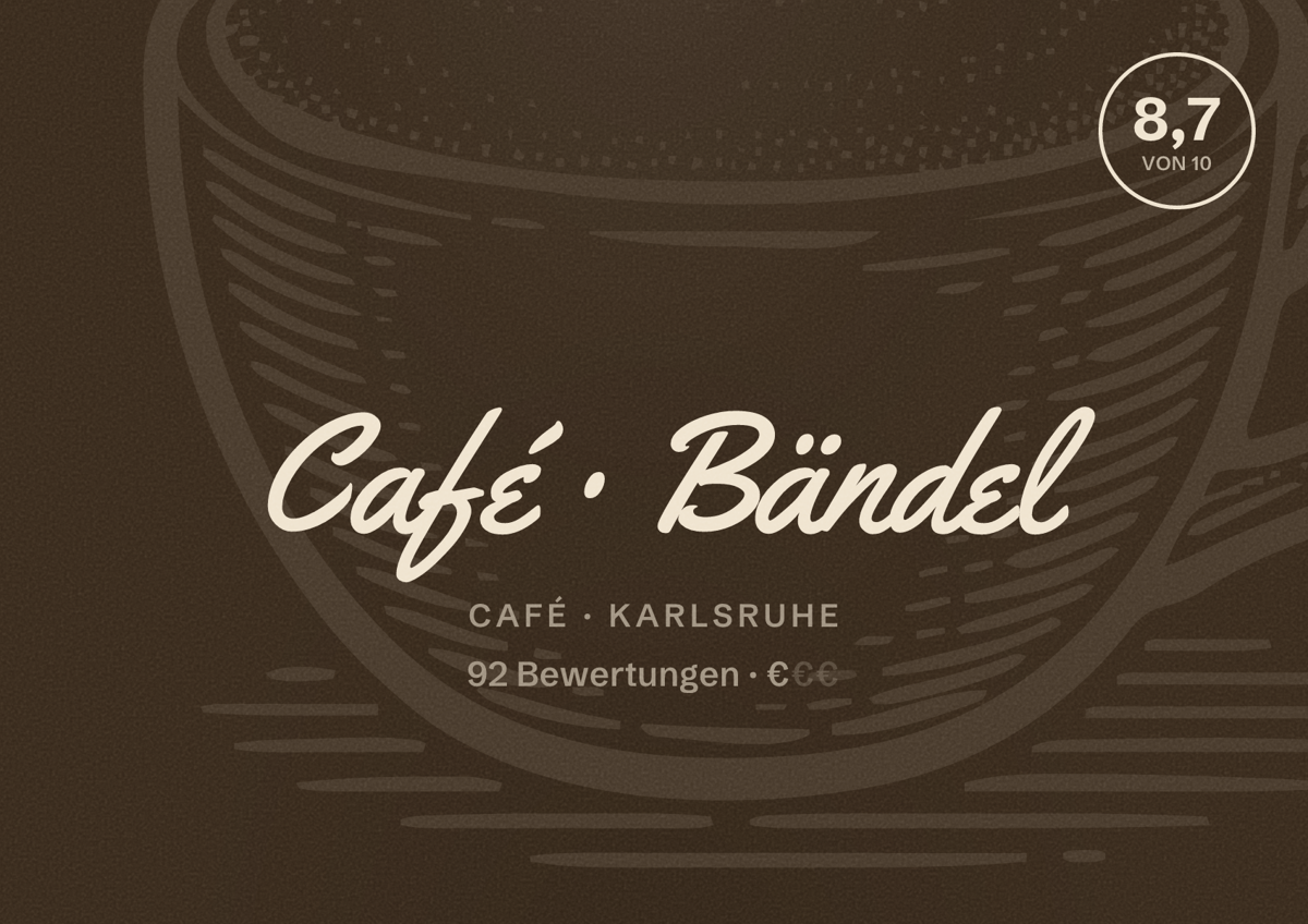 Illustriertes Poster von Café Bändel, Café in Karlsruhe: Bewertung 8,7 von 10 aus 92 Bewertungen, Preisniveau €