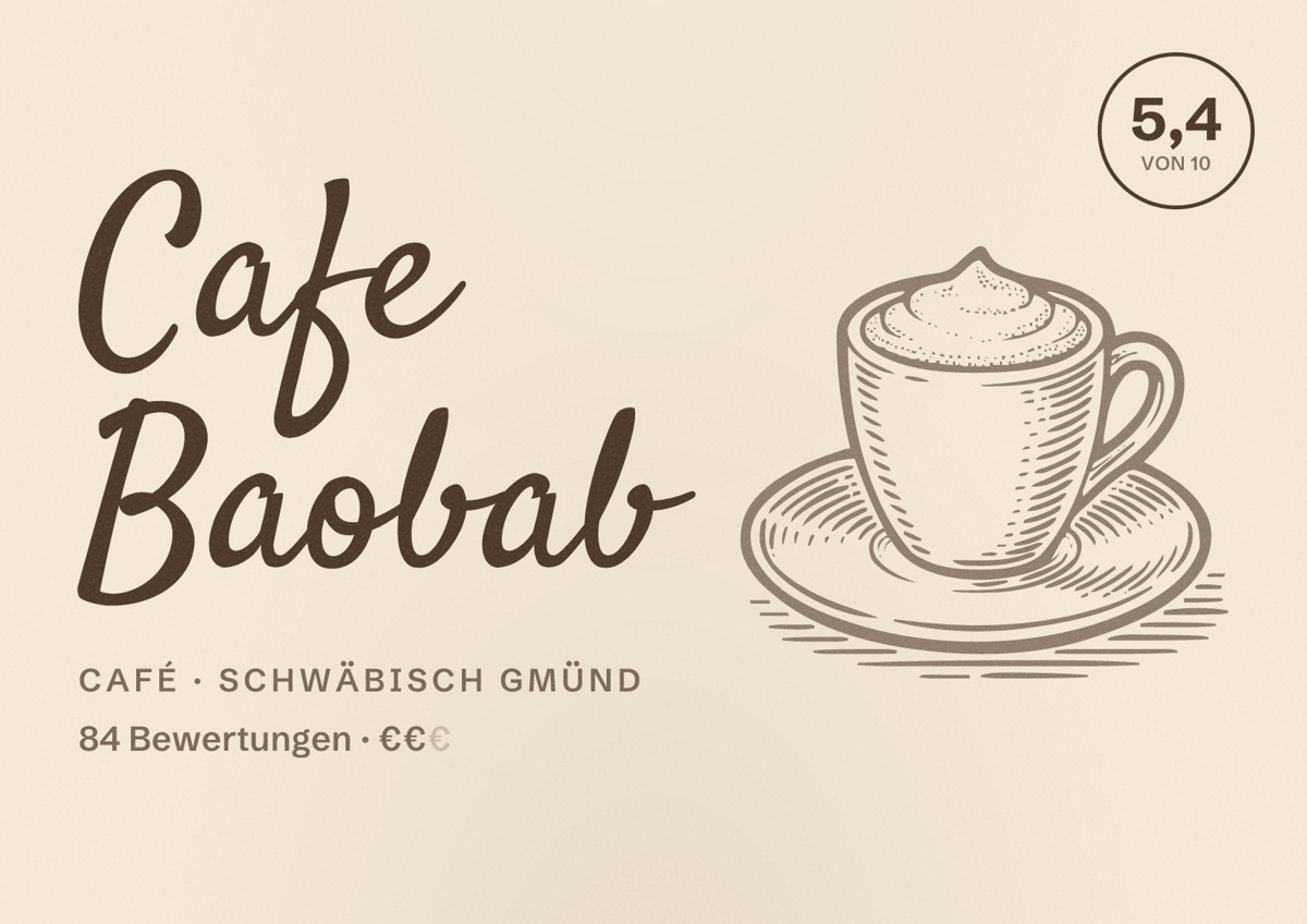 Illustriertes Poster von Cafe Baobab, Café in Schwäbisch Gmünd: Bewertung 5,4 von 10 aus 84 Bewertungen, Preisniveau €€