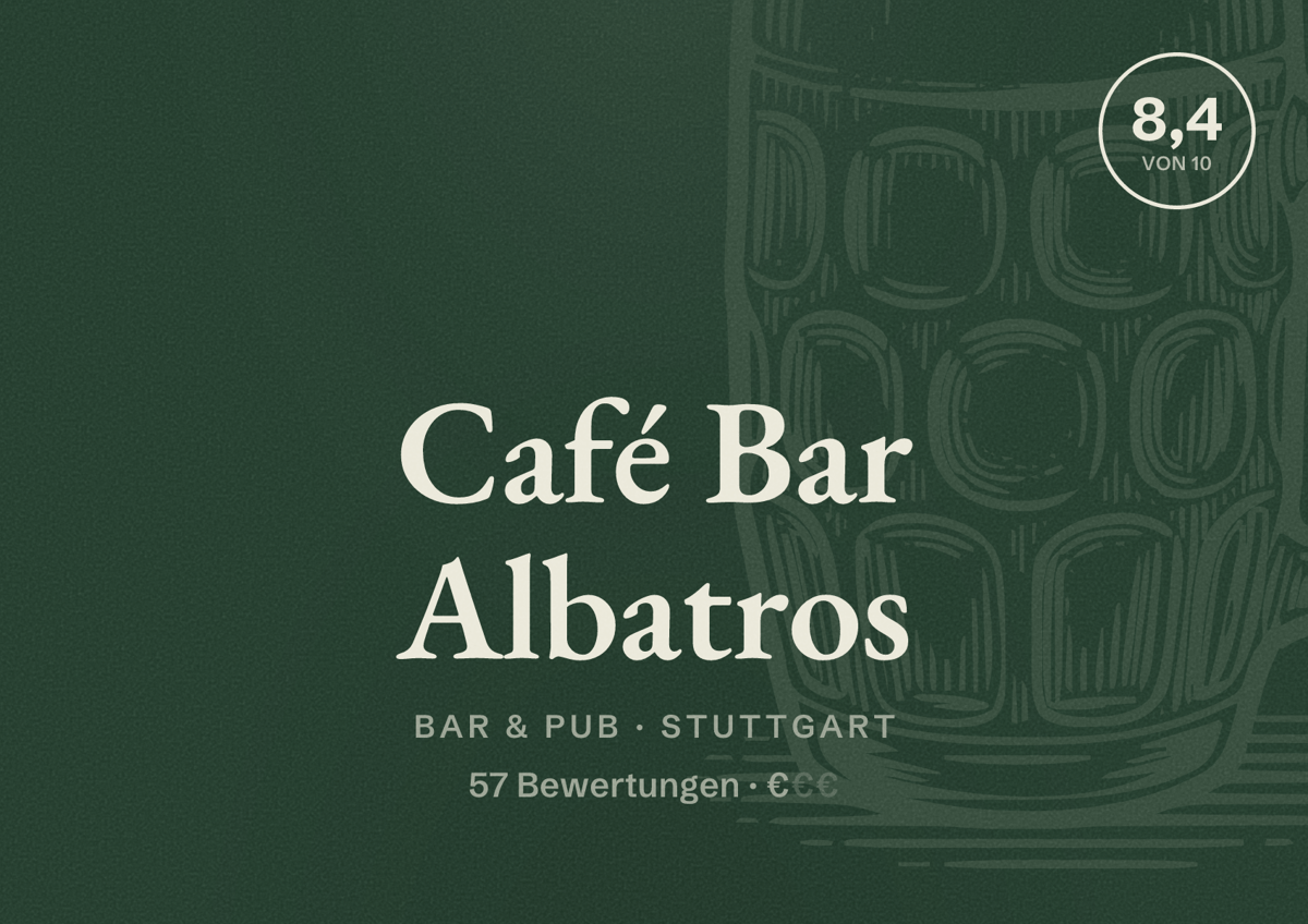 Illustriertes Poster von Café Bar Albatros, Bar & Pub in Stuttgart: Bewertung 8,4 von 10 aus 57 Bewertungen, Preisniveau €