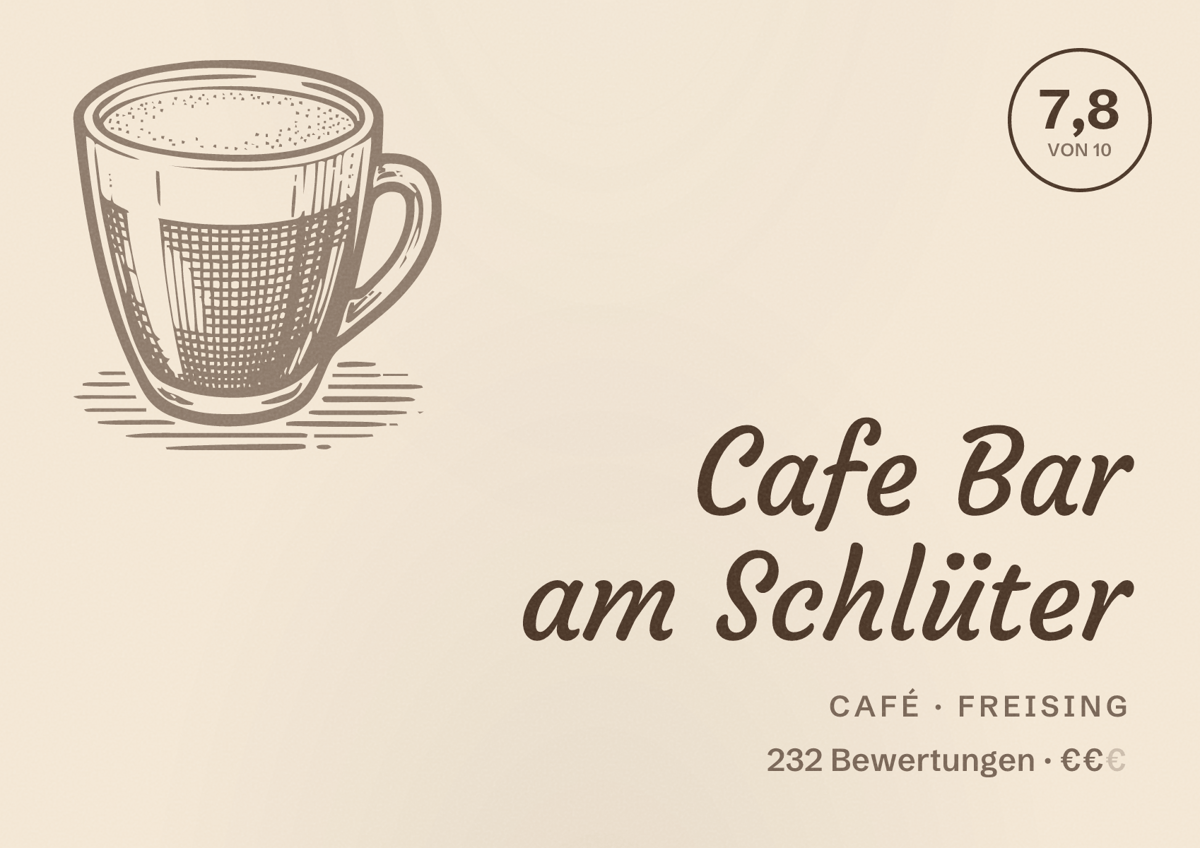 Illustriertes Poster von Cafe Bar am Schlüter, Café in Freising: Bewertung 7,8 von 10 aus 232 Bewertungen, Preisniveau €€