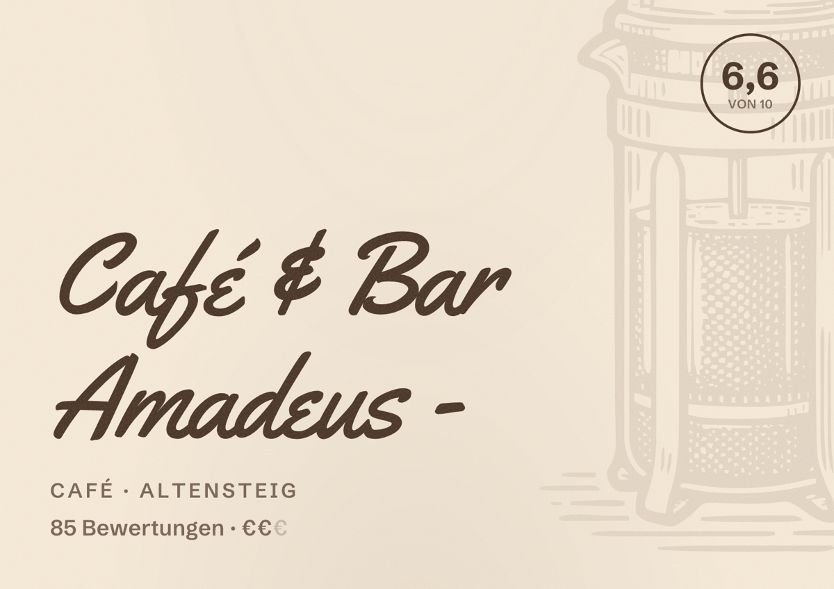Illustriertes Poster von Café & Bar Amadeus -, Café in Altensteig: Bewertung 6,6 von 10 aus 85 Bewertungen, Preisniveau €€
