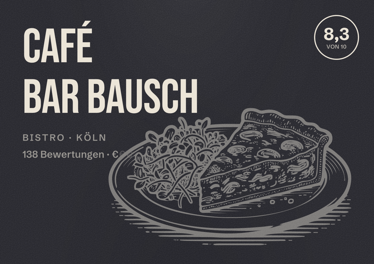 Illustriertes Poster von Café Bar Bausch, Bistro in Köln: Bewertung 8,3 von 10 aus 138 Bewertungen, Preisniveau €