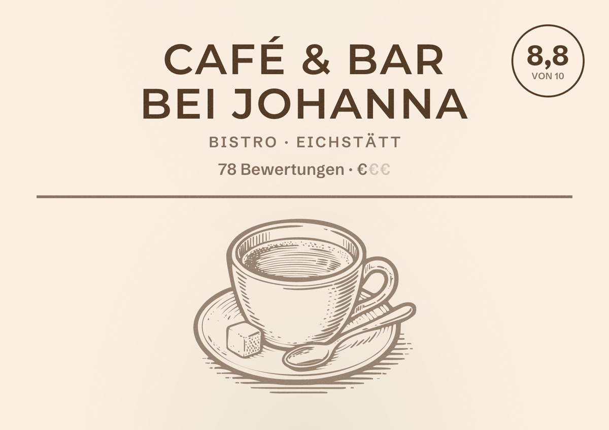 Illustriertes Poster von Café & Bar Bei Johanna, Bistro in Eichstätt: Bewertung 8,8 von 10 aus 78 Bewertungen, Preisniveau €