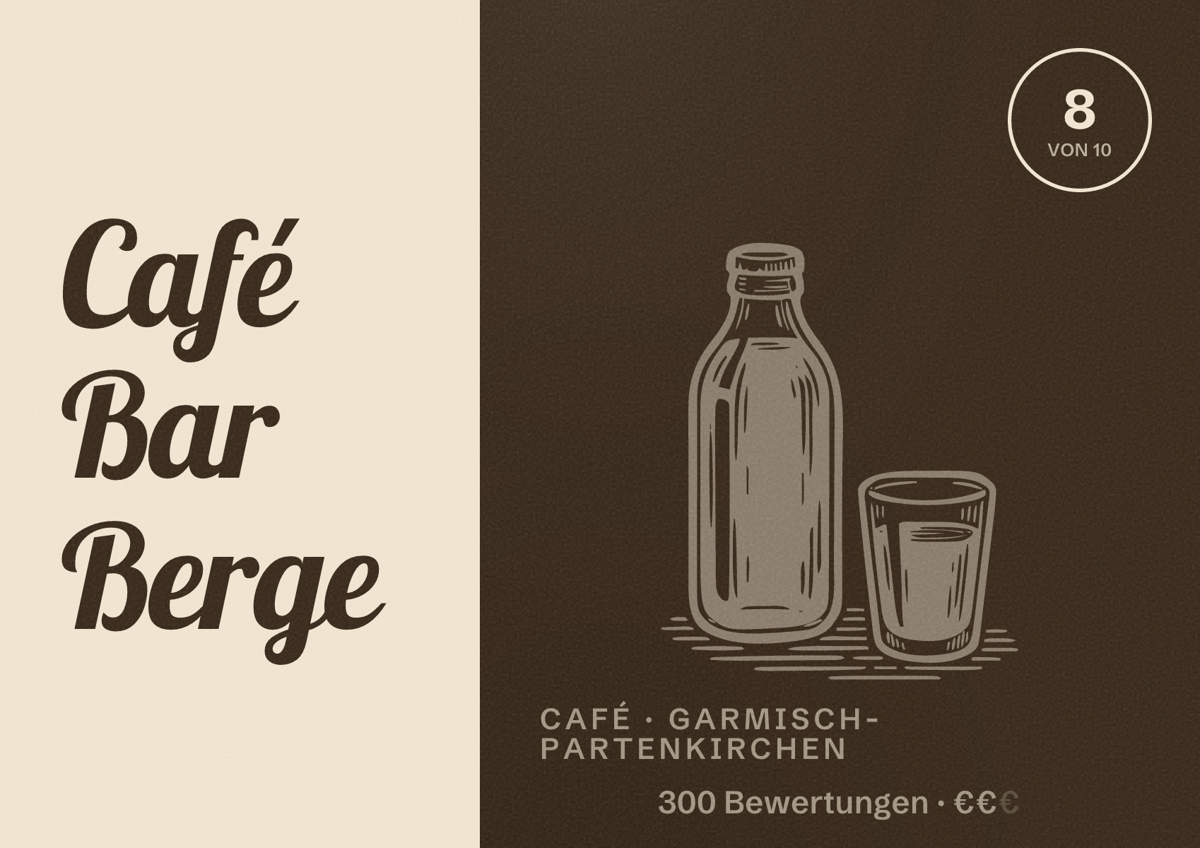 Illustriertes Poster von Café Bar Berge, Café in Garmisch-Partenkirchen: Bewertung 8 von 10 aus 300 Bewertungen, Preisniveau €€