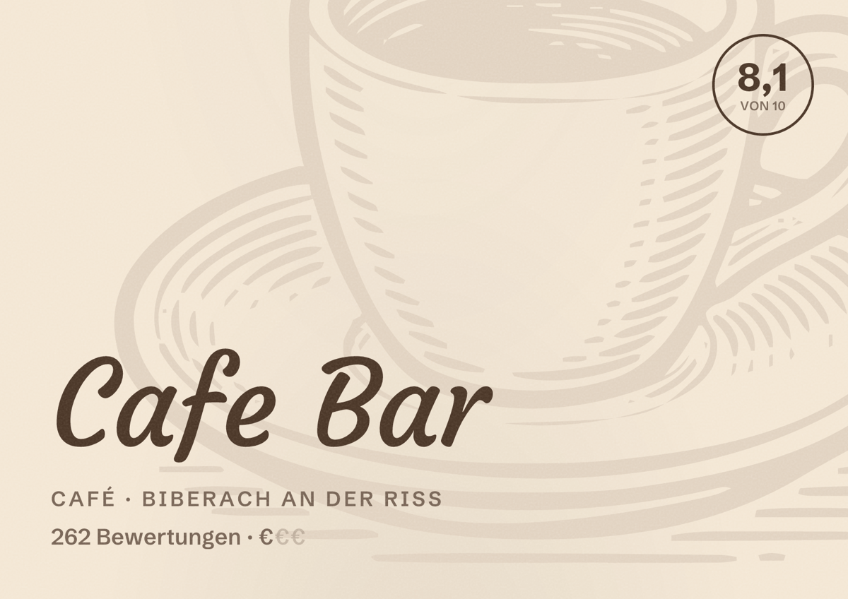 Illustriertes Poster von Cafe Bar, Café in Biberach an der Riß: Bewertung 8,1 von 10 aus 262 Bewertungen, Preisniveau €