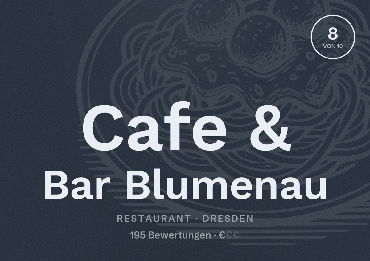 Illustriertes Poster von Cafe & Bar Blumenau, Restaurant in Dresden: Bewertung 8 von 10 aus 195 Bewertungen, Preisniveau €