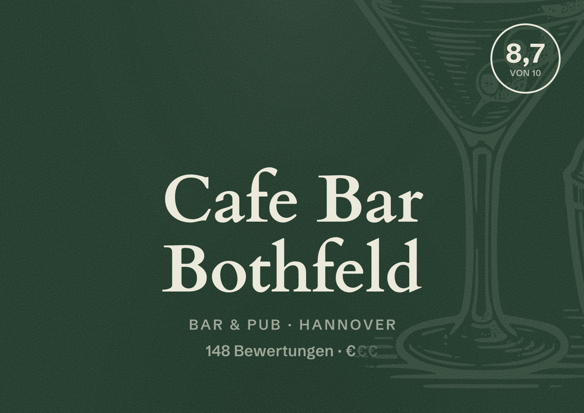Illustriertes Poster von Cafe Bar Bothfeld, Bar & Pub in Hannover: Bewertung 8,7 von 10 aus 148 Bewertungen, Preisniveau €