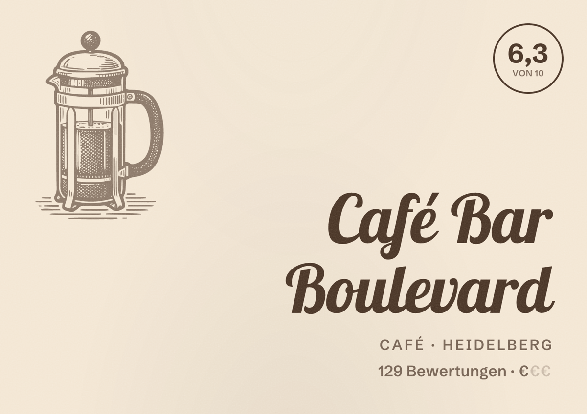 Illustriertes Poster von Café Bar Boulevard, Café in Heidelberg: Bewertung 6,3 von 10 aus 129 Bewertungen, Preisniveau €