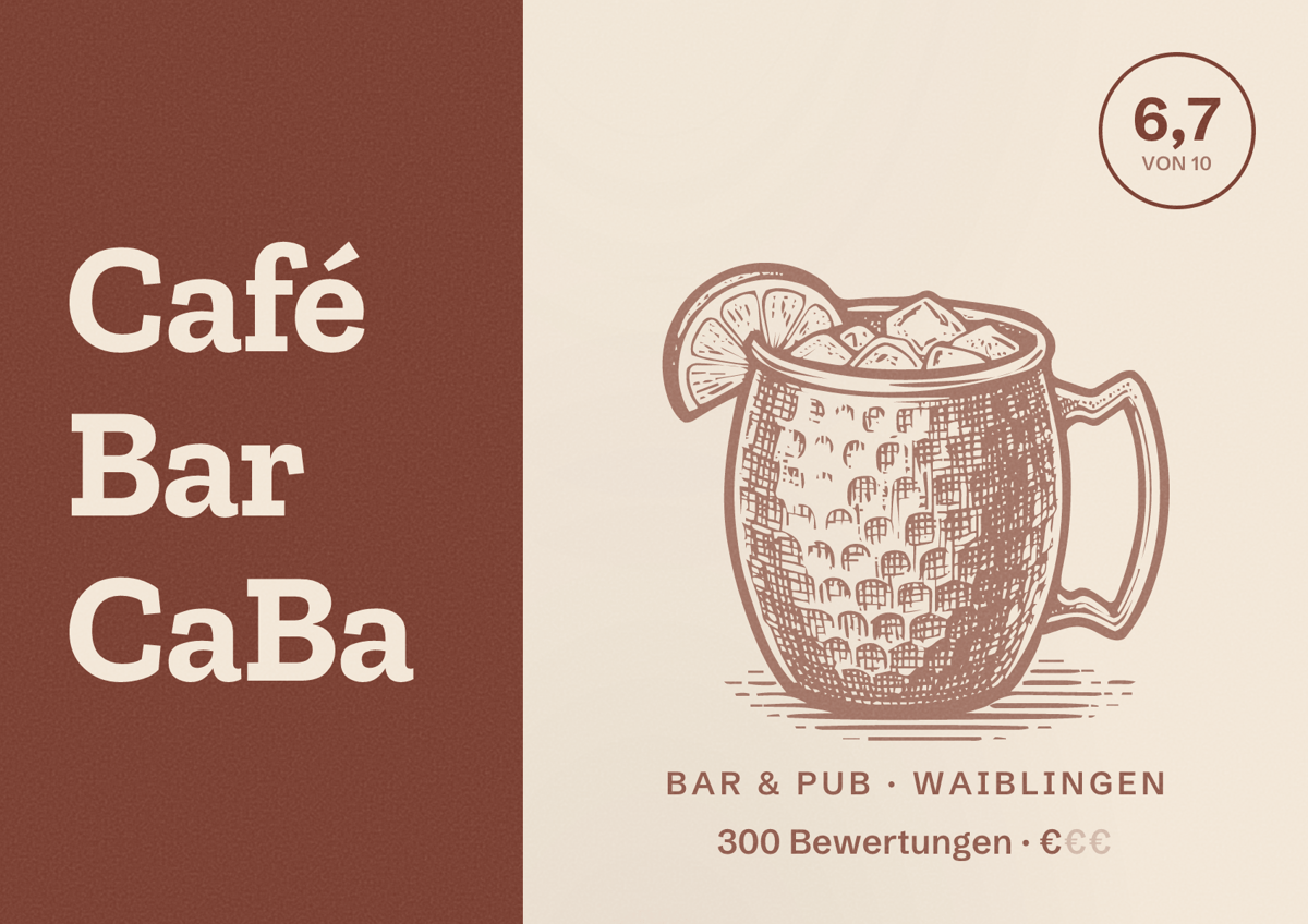 Illustriertes Poster von Café Bar CaBa, Bar & Pub in Waiblingen: Bewertung 6,7 von 10 aus 300 Bewertungen, Preisniveau €
