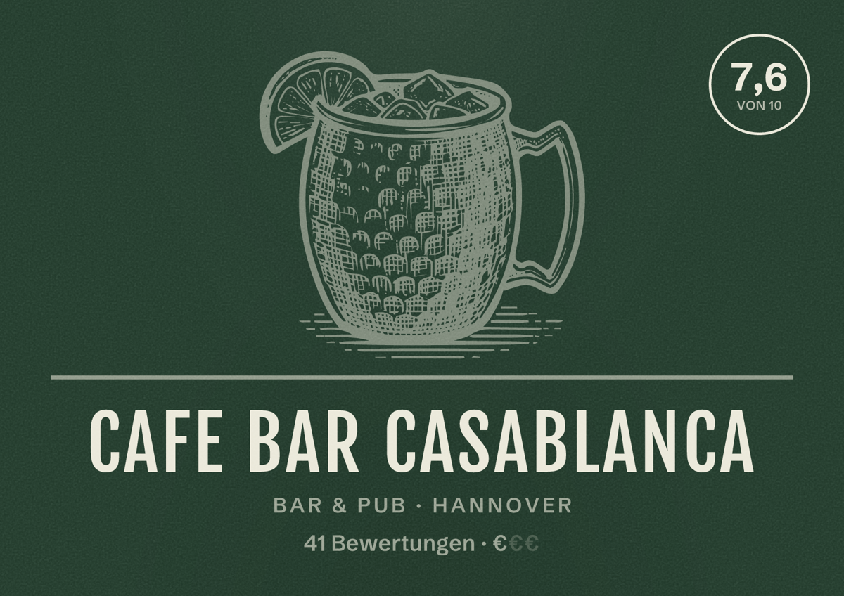 Illustriertes Poster von Cafe Bar Casablanca, Bar & Pub in Hannover: Bewertung 7,6 von 10 aus 41 Bewertungen, Preisniveau €