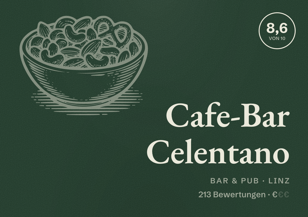 Illustriertes Poster von Cafe-Bar Celentano, Bar & Pub in Linz: Bewertung 8,6 von 10 aus 213 Bewertungen, Preisniveau €