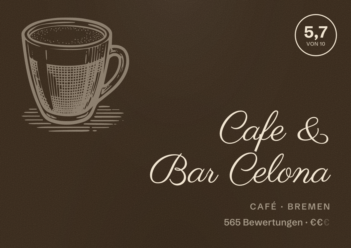 Illustriertes Poster von Cafe & Bar Celona, Café in Bremen: Bewertung 5,7 von 10 aus 565 Bewertungen, Preisniveau €€