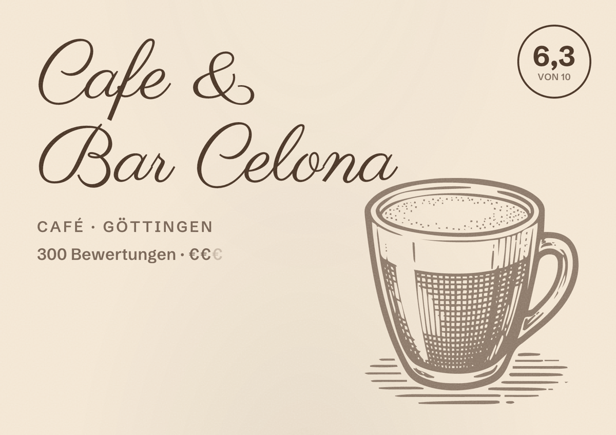 Illustriertes Poster von Cafe & Bar Celona, Café in Göttingen: Bewertung 6,3 von 10 aus 300 Bewertungen, Preisniveau €€