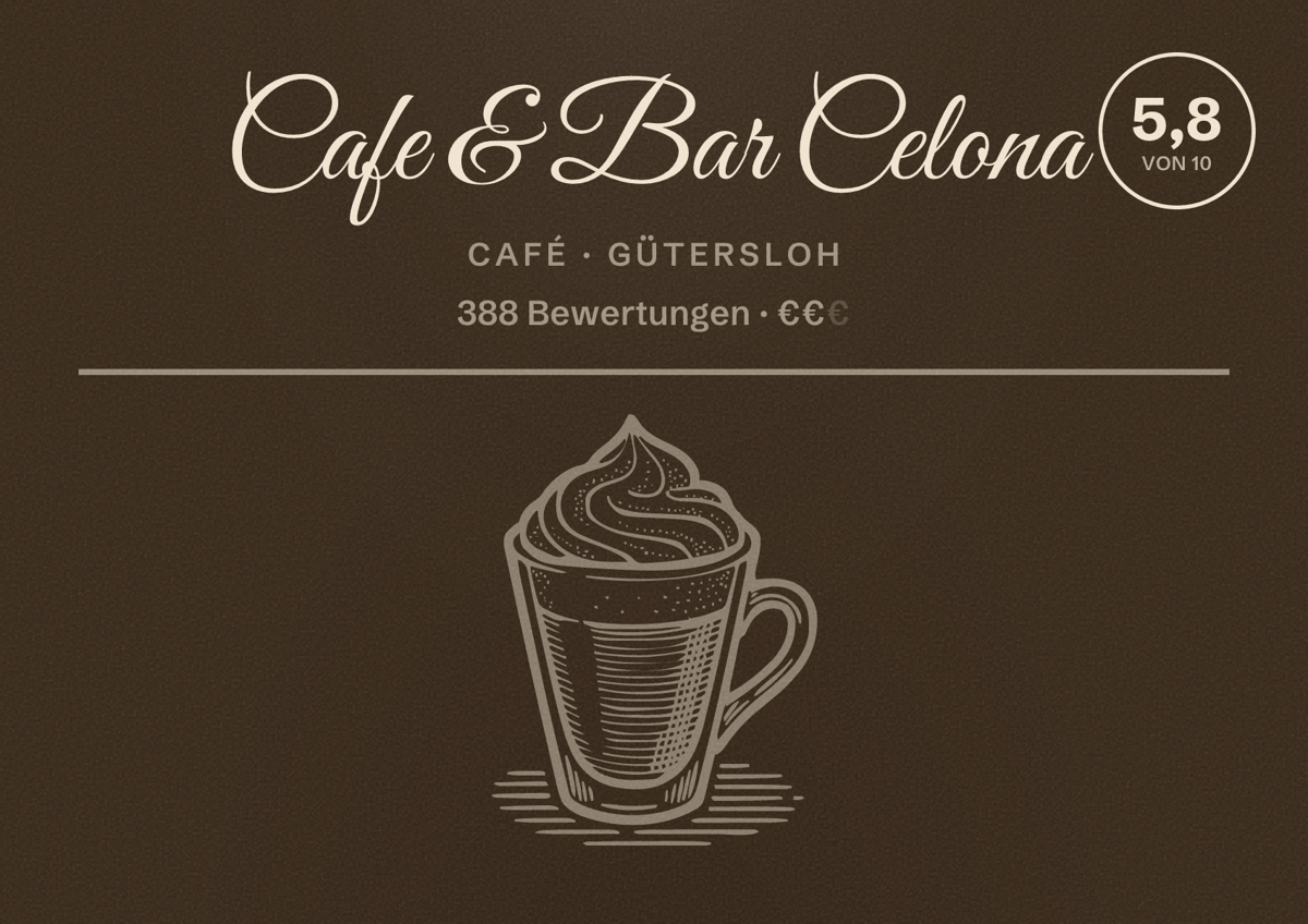 Illustriertes Poster von Cafe & Bar Celona, Café in Gütersloh: Bewertung 5,8 von 10 aus 388 Bewertungen, Preisniveau €€