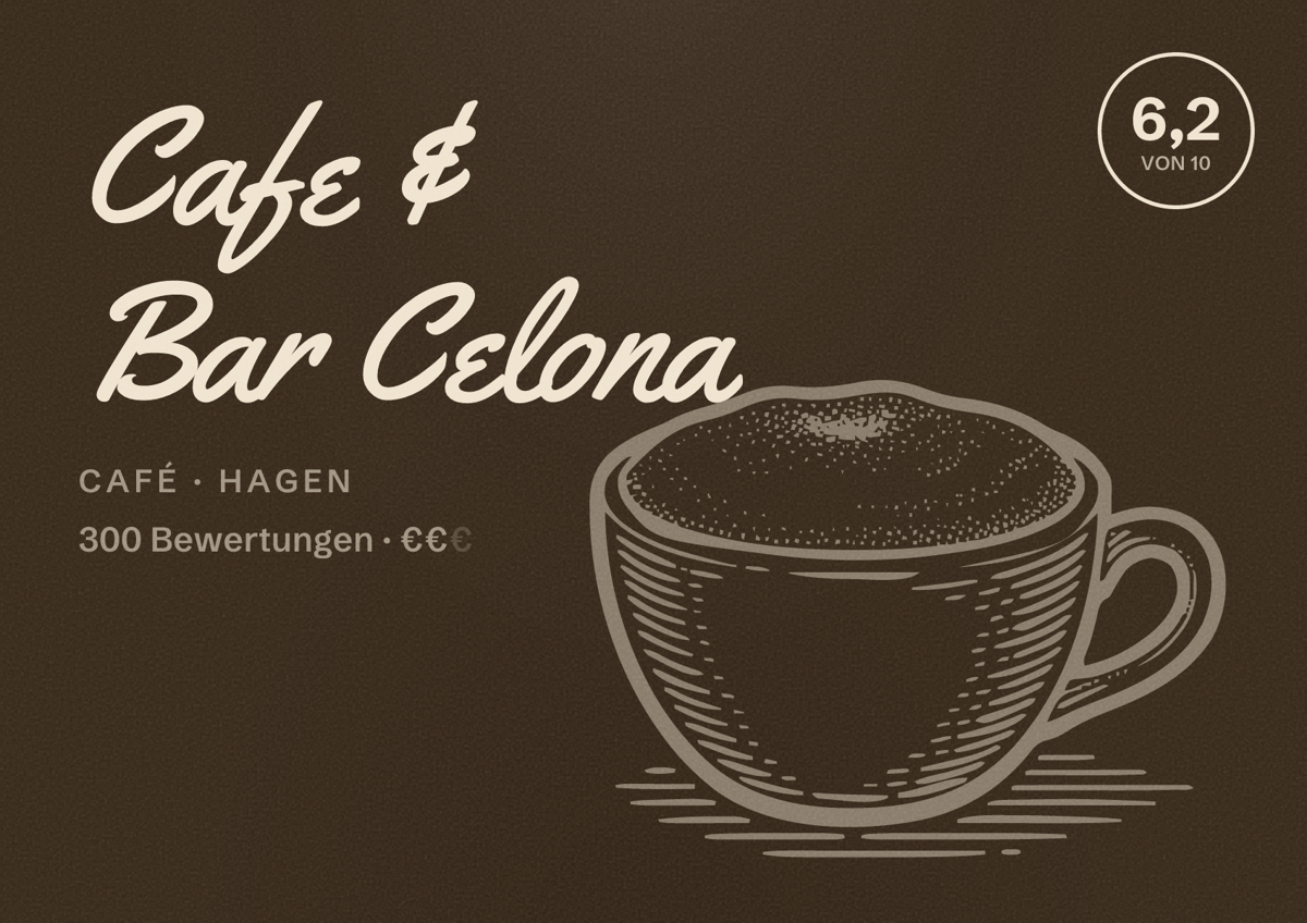Illustriertes Poster von Cafe & Bar Celona, Café in Hagen: Bewertung 6,2 von 10 aus 300 Bewertungen, Preisniveau €€