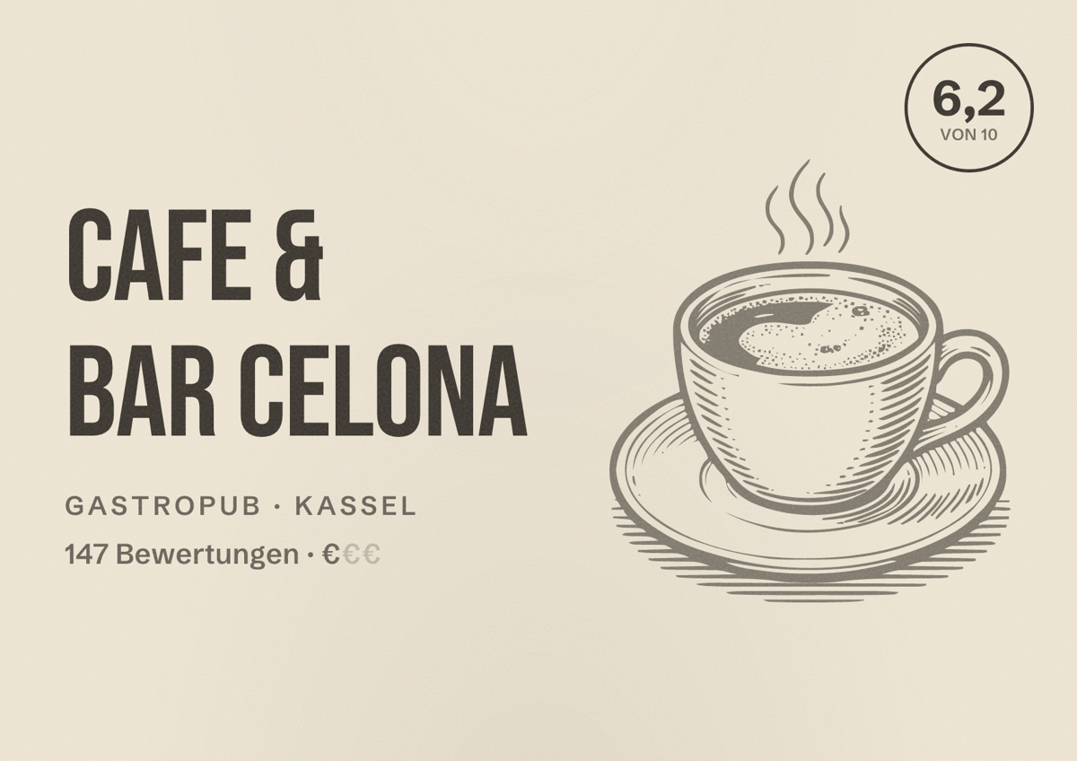 Illustriertes Poster von Cafe & Bar Celona, Gastropub in Kassel: Bewertung 6,2 von 10 aus 147 Bewertungen, Preisniveau €