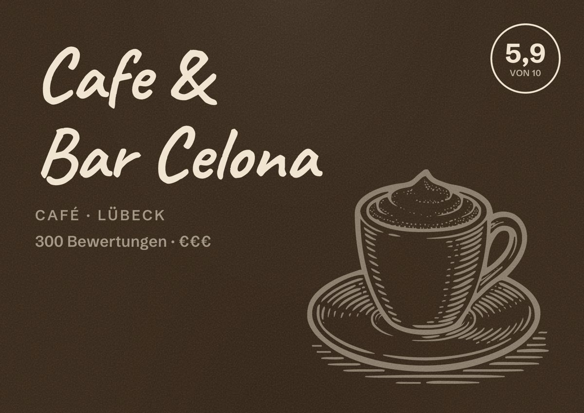 Illustriertes Poster von Cafe & Bar Celona, Café in Lübeck: Bewertung 5,9 von 10 aus 300 Bewertungen, Preisniveau €€€