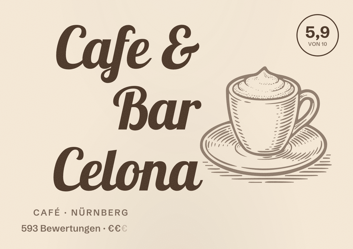 Illustriertes Poster von Cafe & Bar Celona, Café in Nürnberg: Bewertung 5,9 von 10 aus 593 Bewertungen, Preisniveau €€