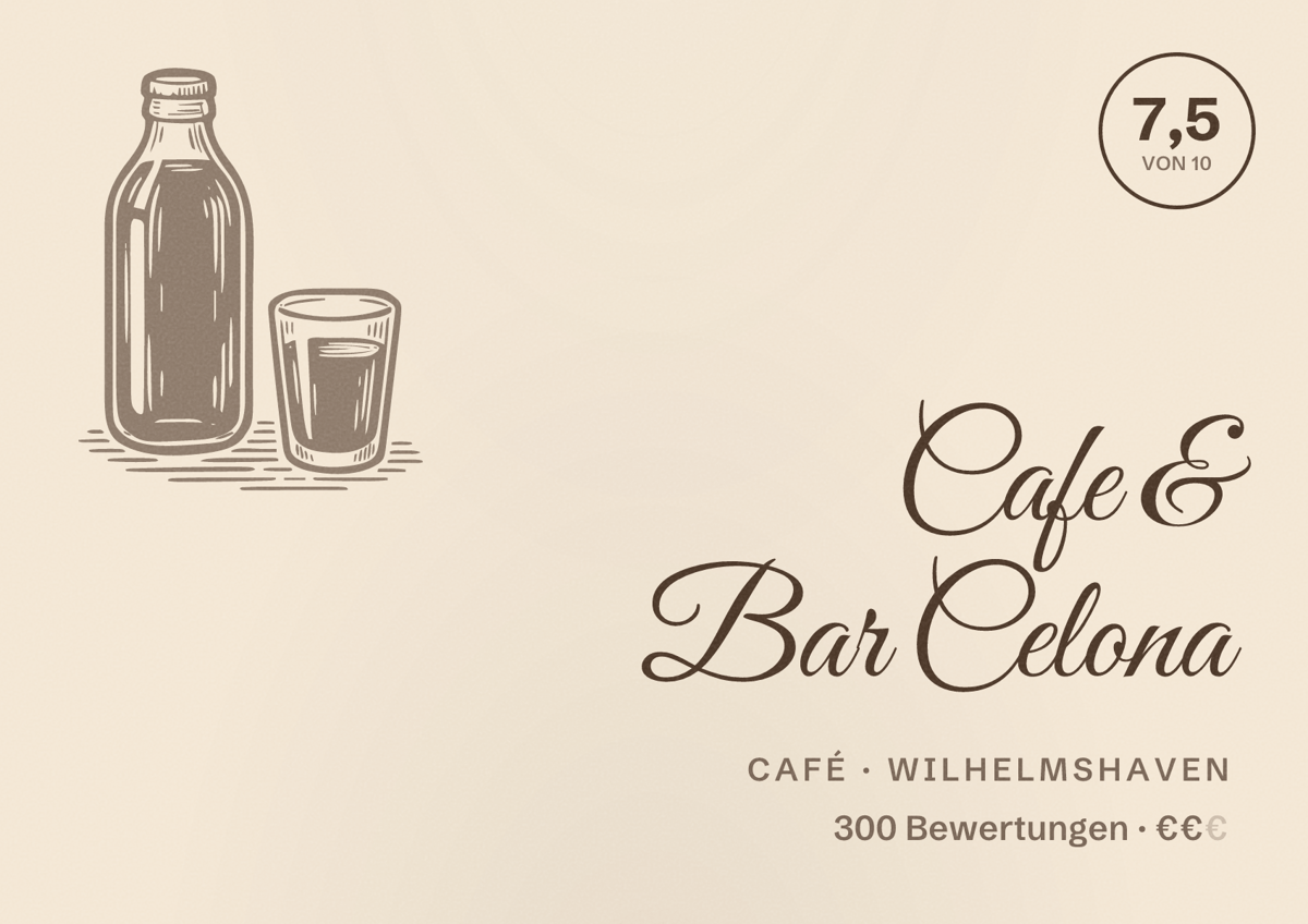 Illustriertes Poster von Cafe & Bar Celona, Café in Wilhelmshaven: Bewertung 7,5 von 10 aus 300 Bewertungen, Preisniveau €€