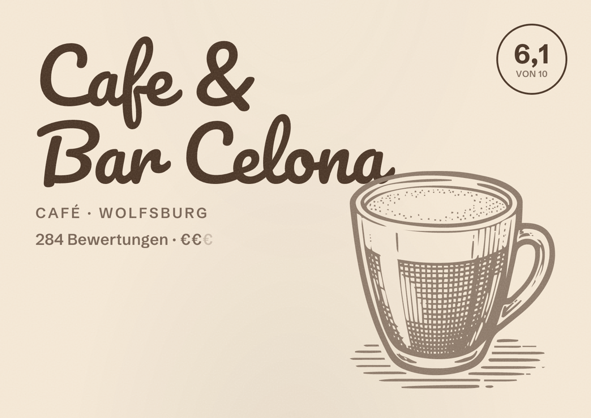 Illustriertes Poster von Cafe & Bar Celona, Café in Wolfsburg: Bewertung 6,1 von 10 aus 284 Bewertungen, Preisniveau €€