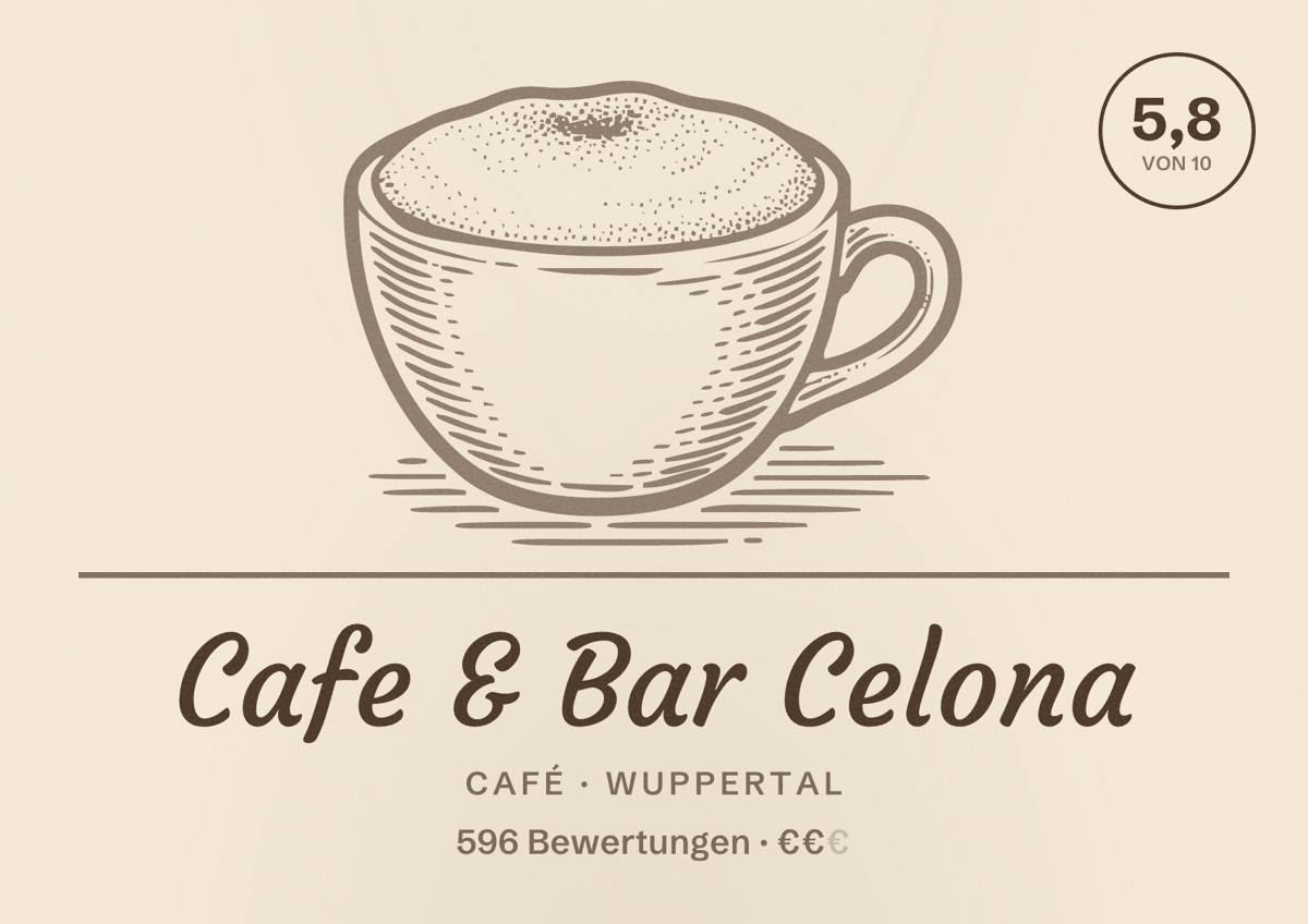 Illustriertes Poster von Cafe & Bar Celona, Café in Wuppertal: Bewertung 5,8 von 10 aus 596 Bewertungen, Preisniveau €€
