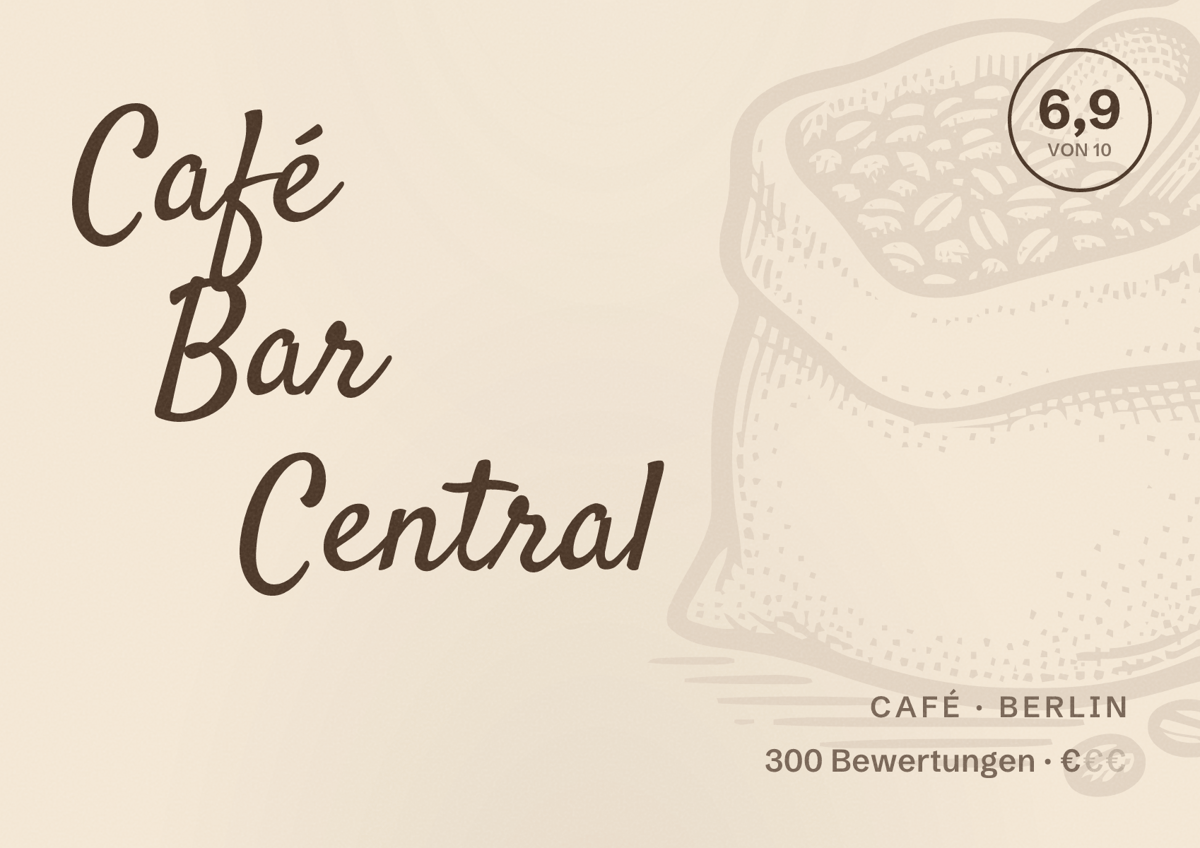 Illustriertes Poster von Café Bar Central, Café in Berlin: Bewertung 6,9 von 10 aus 300 Bewertungen, Preisniveau €
