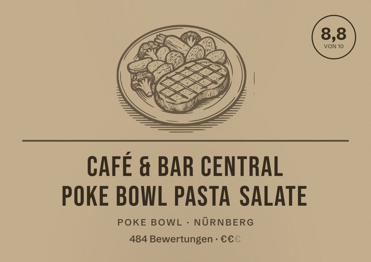 Illustriertes Poster von Café & Bar Central Poke Bowl Pasta Salate, Poke Bowl in Nürnberg: Bewertung 8,8 von 10 aus 484 Bewertungen, Preisniveau €€