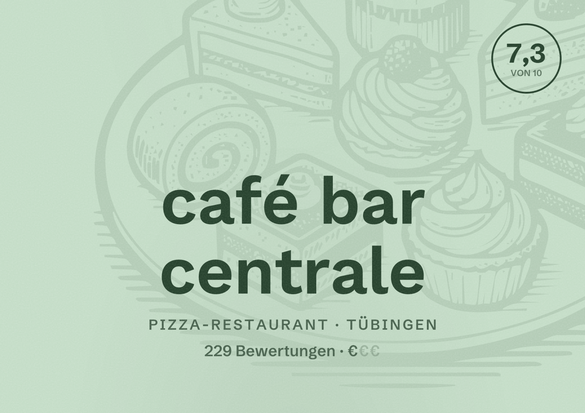 Illustriertes Poster von café bar centrale, Pizza-Restaurant in Tübingen: Bewertung 7,3 von 10 aus 229 Bewertungen, Preisniveau €