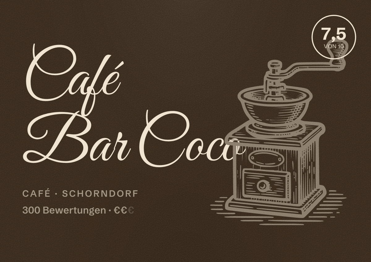 Illustriertes Poster von Café Bar Coco, Café in Schorndorf: Bewertung 7,5 von 10 aus 300 Bewertungen, Preisniveau €€