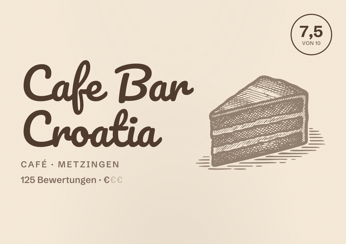 Illustriertes Poster von Cafe Bar Croatia, Café in Metzingen: Bewertung 7,5 von 10 aus 125 Bewertungen, Preisniveau €