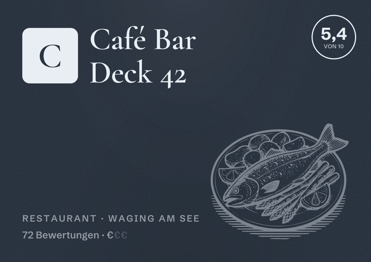 Illustriertes Poster von Café Bar Deck 42, Restaurant in Waging am See: Bewertung 5,4 von 10 aus 72 Bewertungen, Preisniveau €