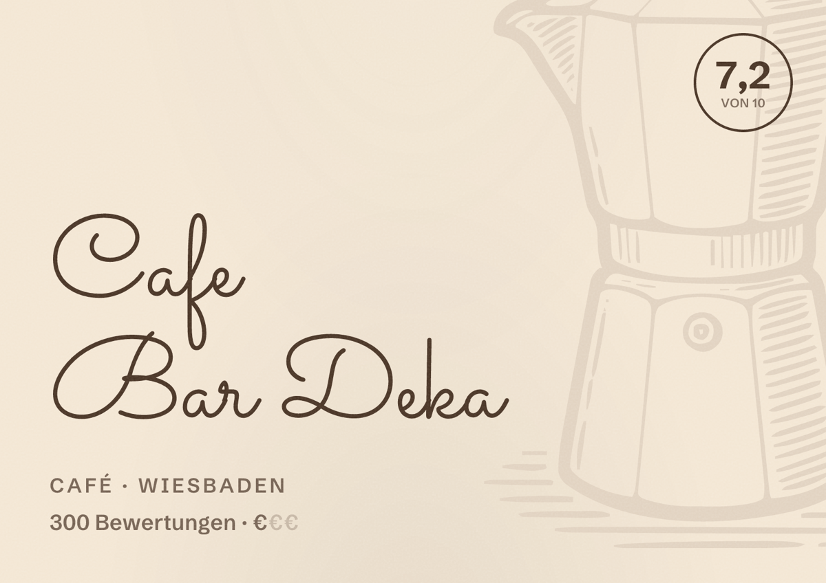 Illustriertes Poster von Cafe Bar Deka, Café in Wiesbaden: Bewertung 7,2 von 10 aus 300 Bewertungen, Preisniveau €