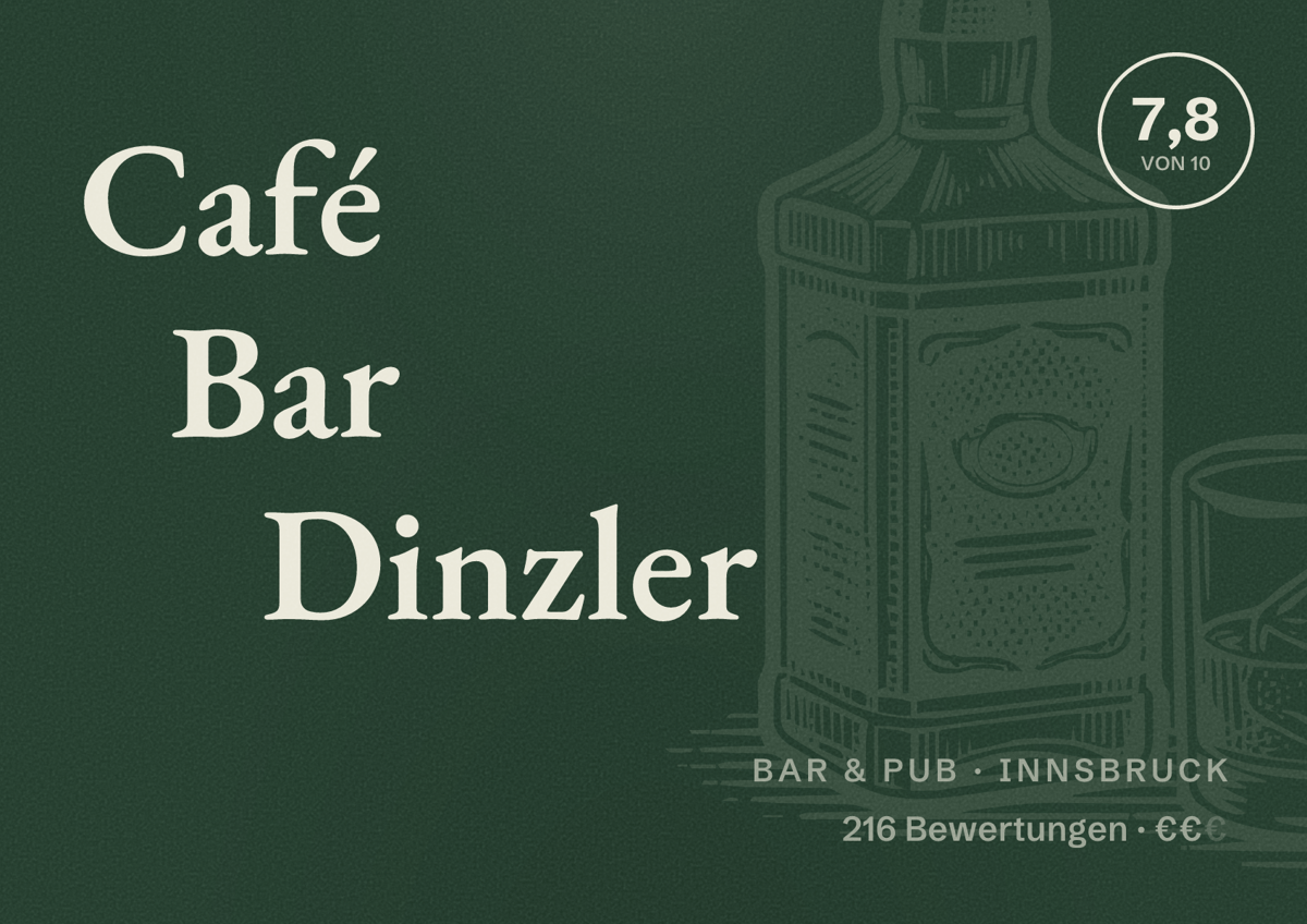 Illustriertes Poster von Café Bar Dinzler, Bar & Pub in Innsbruck: Bewertung 7,8 von 10 aus 216 Bewertungen, Preisniveau €€