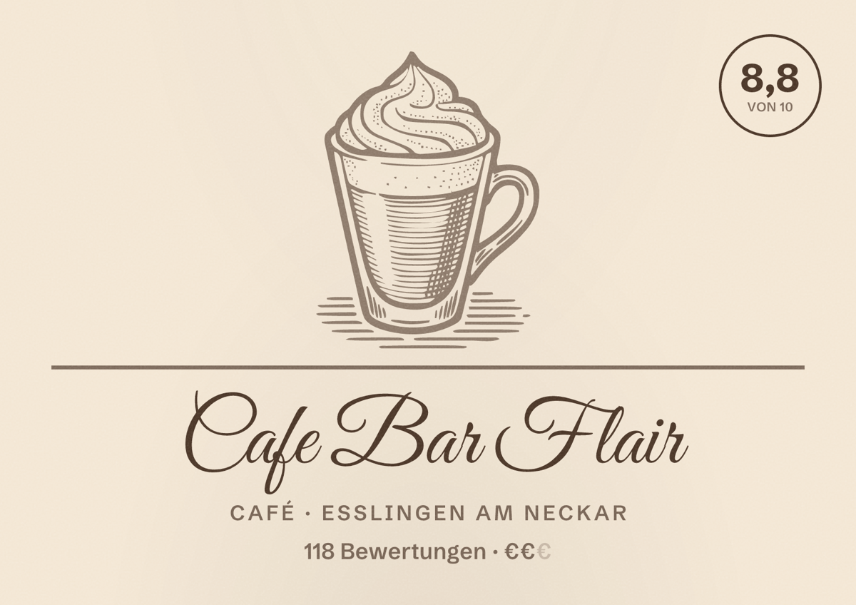 Illustriertes Poster von Cafe Bar Flair, Café in Esslingen am Neckar: Bewertung 8,8 von 10 aus 118 Bewertungen, Preisniveau €€