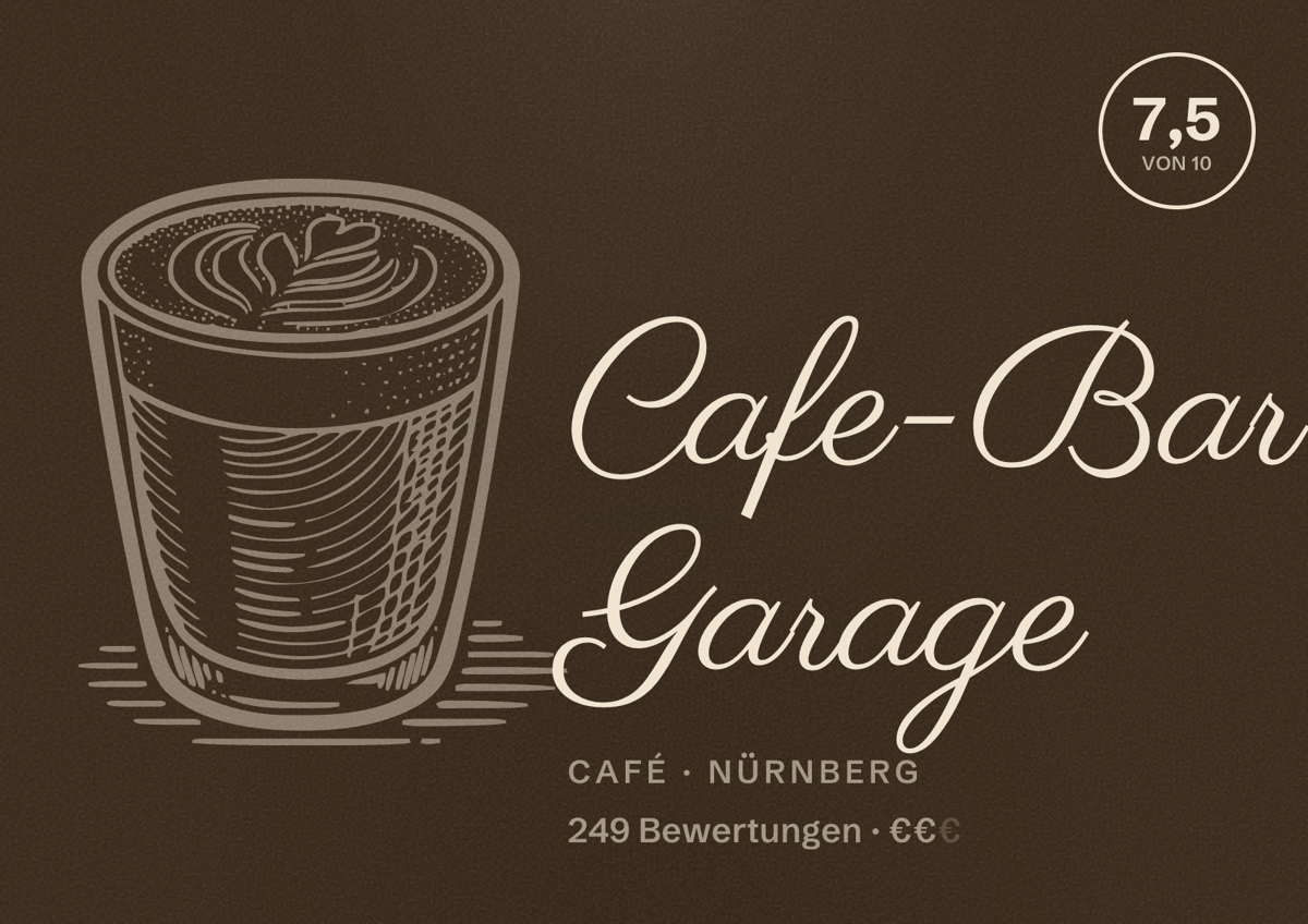 Illustriertes Poster von Cafe-Bar Garage, Café in Nürnberg: Bewertung 7,5 von 10 aus 249 Bewertungen, Preisniveau €€
