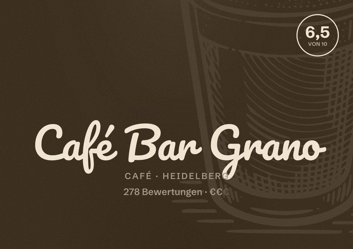 Illustriertes Poster von Café Bar Grano, Café in Heidelberg: Bewertung 6,5 von 10 aus 278 Bewertungen, Preisniveau €€