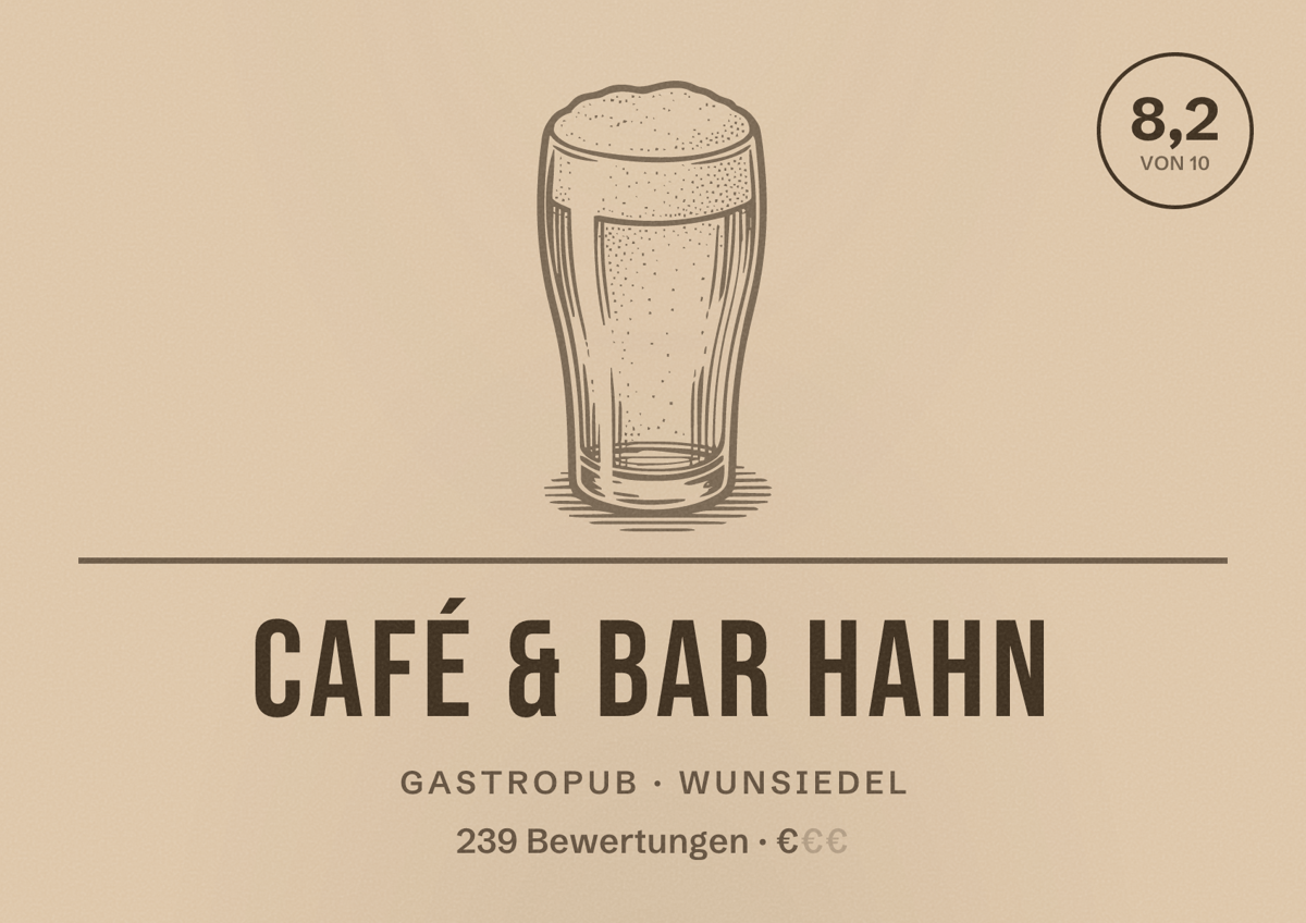 Illustriertes Poster von Café & Bar Hahn, Gastropub in Wunsiedel: Bewertung 8,2 von 10 aus 239 Bewertungen, Preisniveau €