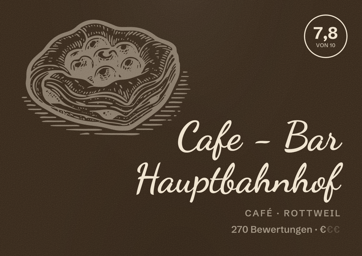 Illustriertes Poster von Cafe - Bar Hauptbahnhof, Café in Rottweil: Bewertung 7,8 von 10 aus 270 Bewertungen, Preisniveau €