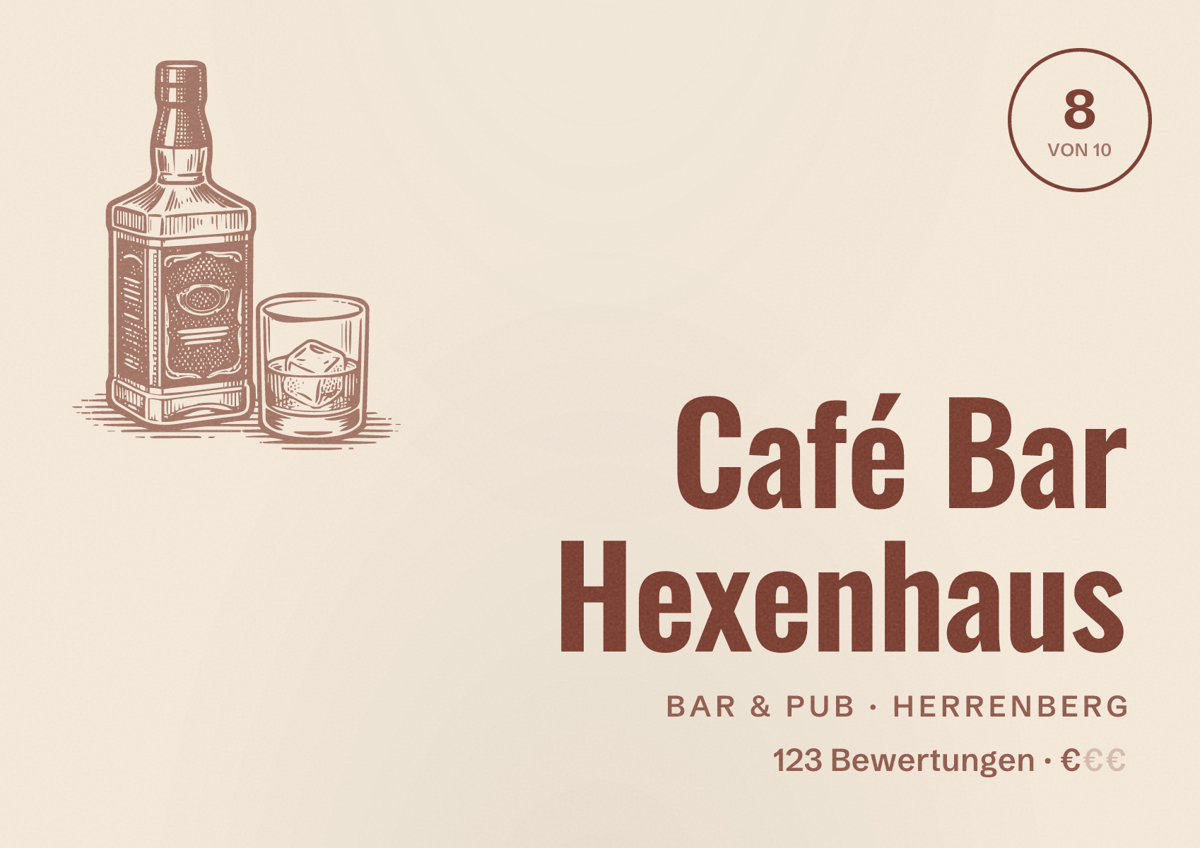 Illustriertes Poster von Café Bar Hexenhaus, Bar & Pub in Herrenberg: Bewertung 8 von 10 aus 123 Bewertungen, Preisniveau €