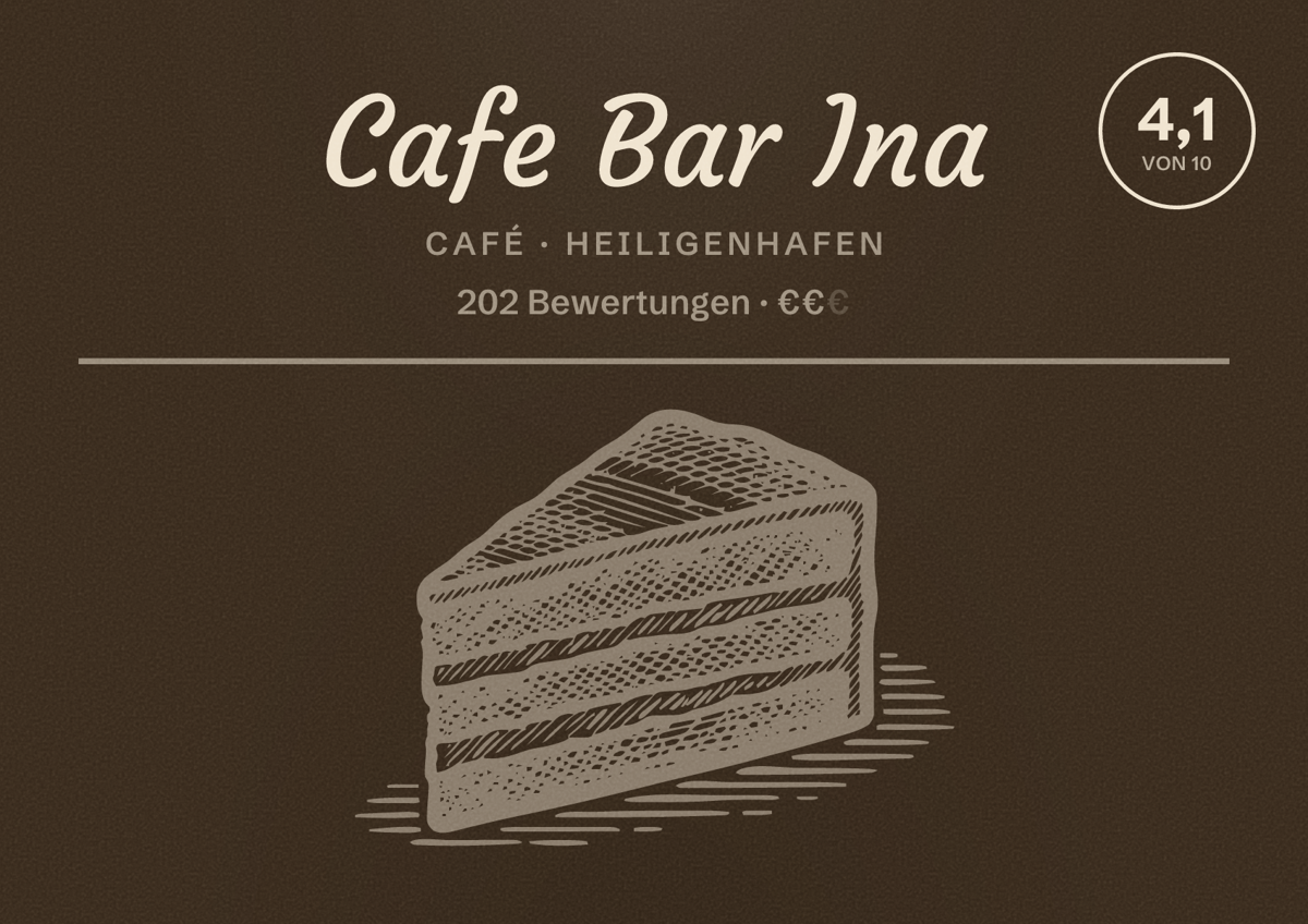 Illustriertes Poster von Cafe Bar Ina, Café in Heiligenhafen: Bewertung 4,1 von 10 aus 202 Bewertungen, Preisniveau €€