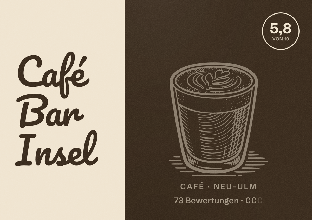 Illustriertes Poster von Café Bar Insel, Café in Neu-Ulm: Bewertung 5,8 von 10 aus 73 Bewertungen, Preisniveau €€