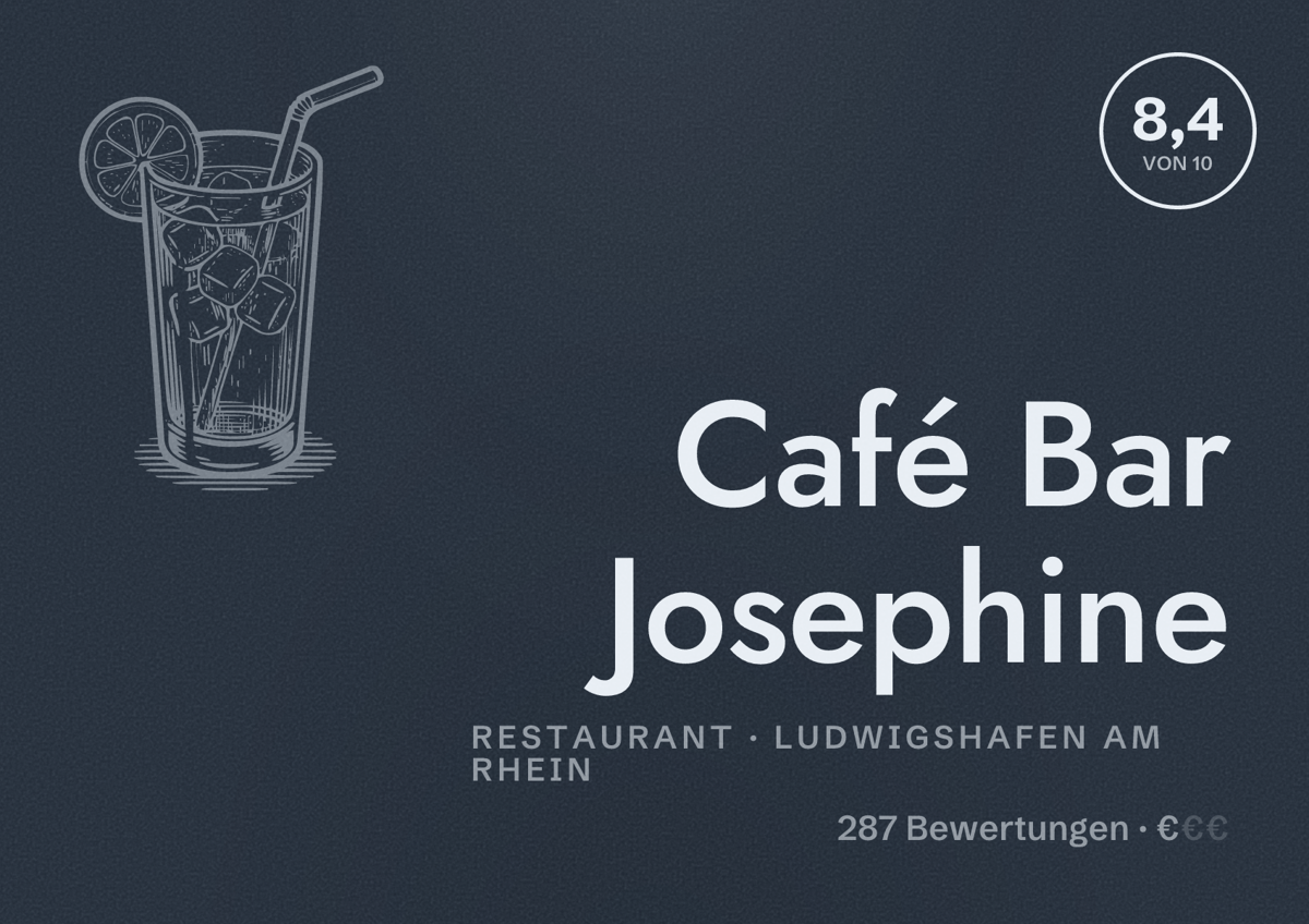 Illustriertes Poster von Café Bar Josephine, Restaurant in Ludwigshafen am Rhein: Bewertung 8,4 von 10 aus 287 Bewertungen, Preisniveau €
